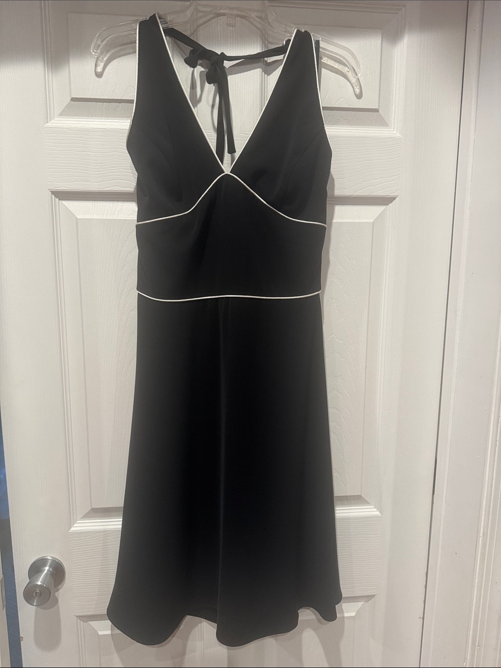 WHITE HOUSE| BLACK MARKET Black Halter Midi Dress with White Piping